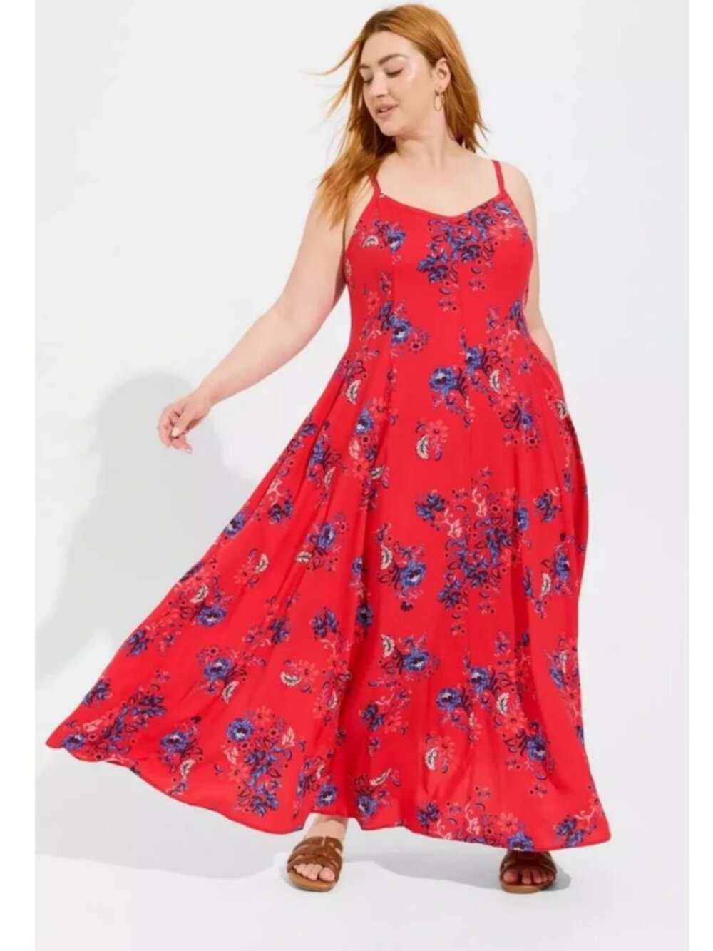 Torrid 1 Red Floral Maxi Challis Trapeze Dress 1X 14 16